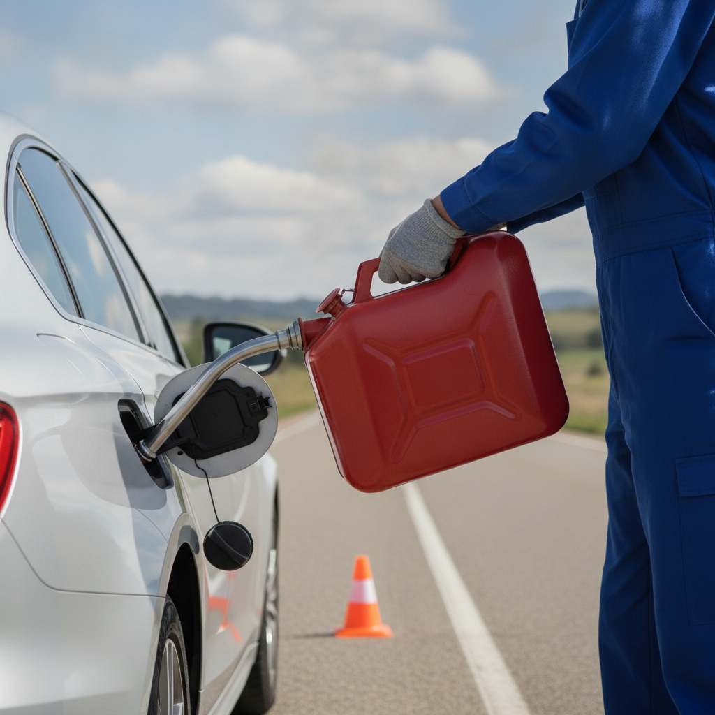 roadside fuel delivery scene showing a person pouring gasoline directly from a red jerry can into the open fuel filler port of a stranded passenger car. The fuel door is open, and the jerry can spout is clearly inserted into the vehicle’s f